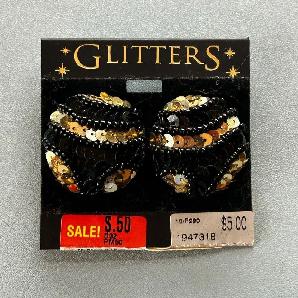 GLITTERS Black & Gold Round Beaded Earrings, Butterfly Closure, Pierced Lobes